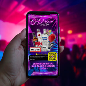 A woman hand holding phone device mockup in the party pub background.